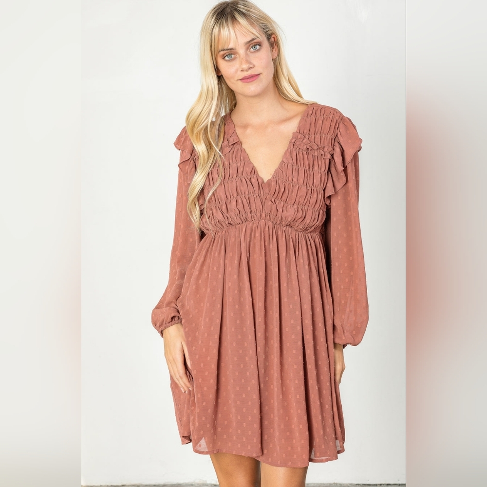 Size Large Zara Swiss Polka Dot Ruffle Mini Dress In Dusty Rose